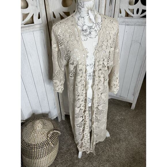 Soft Surroundings Beige Lace Longline Draped Stevie Duster Cardigan Sz Small - Picture 1 of 7